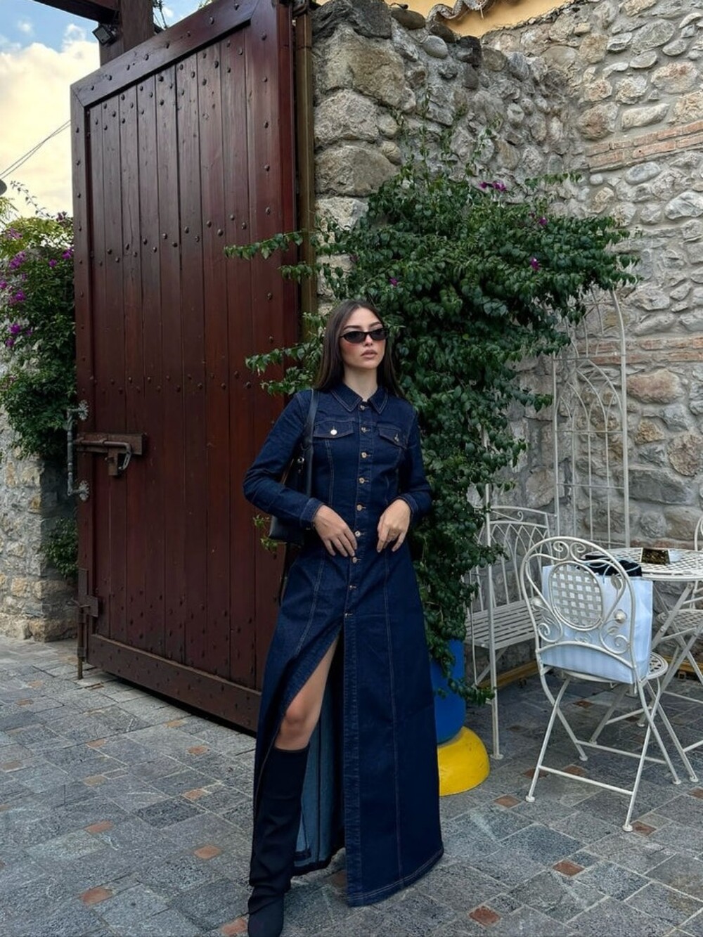 Dark Blue Denim Maxi Shirt Dress with Button Front - Picture 5 of 5